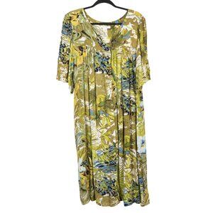 Go Softly Patio Dress M Womens Green Floral Metallic Thread Snaps Lounge Wear